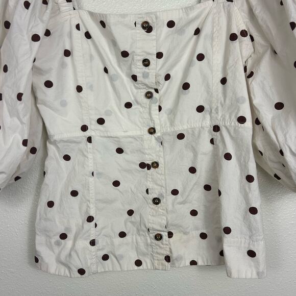 Ganni Polka Dot Printed Cotton Poplin Square Neck Top White Brown Sz 6 - Picture 5 of 9